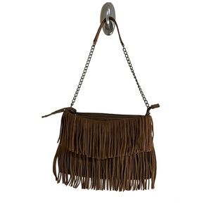 Brown Faux Suede Fringe Shoulder Bag